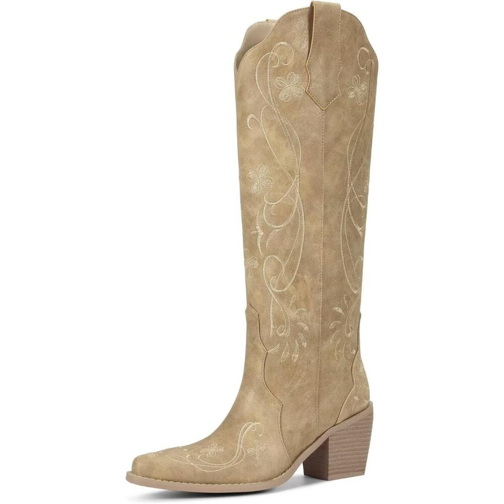 Women Apricot Floral Knee High Cowgirl Boots, Western Boots with Embroidered